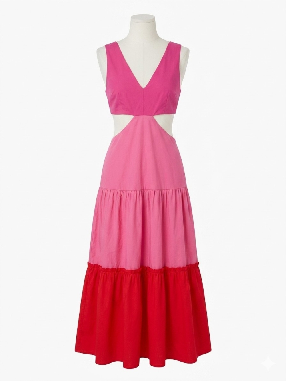 NWT Endless Rose Colorblock Cutout Maxi Dress Pink Red Tiered Ruffle Cotton Sz M - Picture 2 of 8